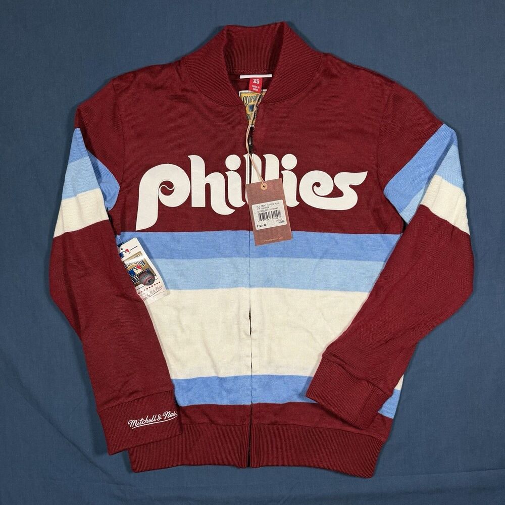 Mitchell & Ness Phillies Full Zip Sweater Retro Front Stripe Burgundy Mens XS